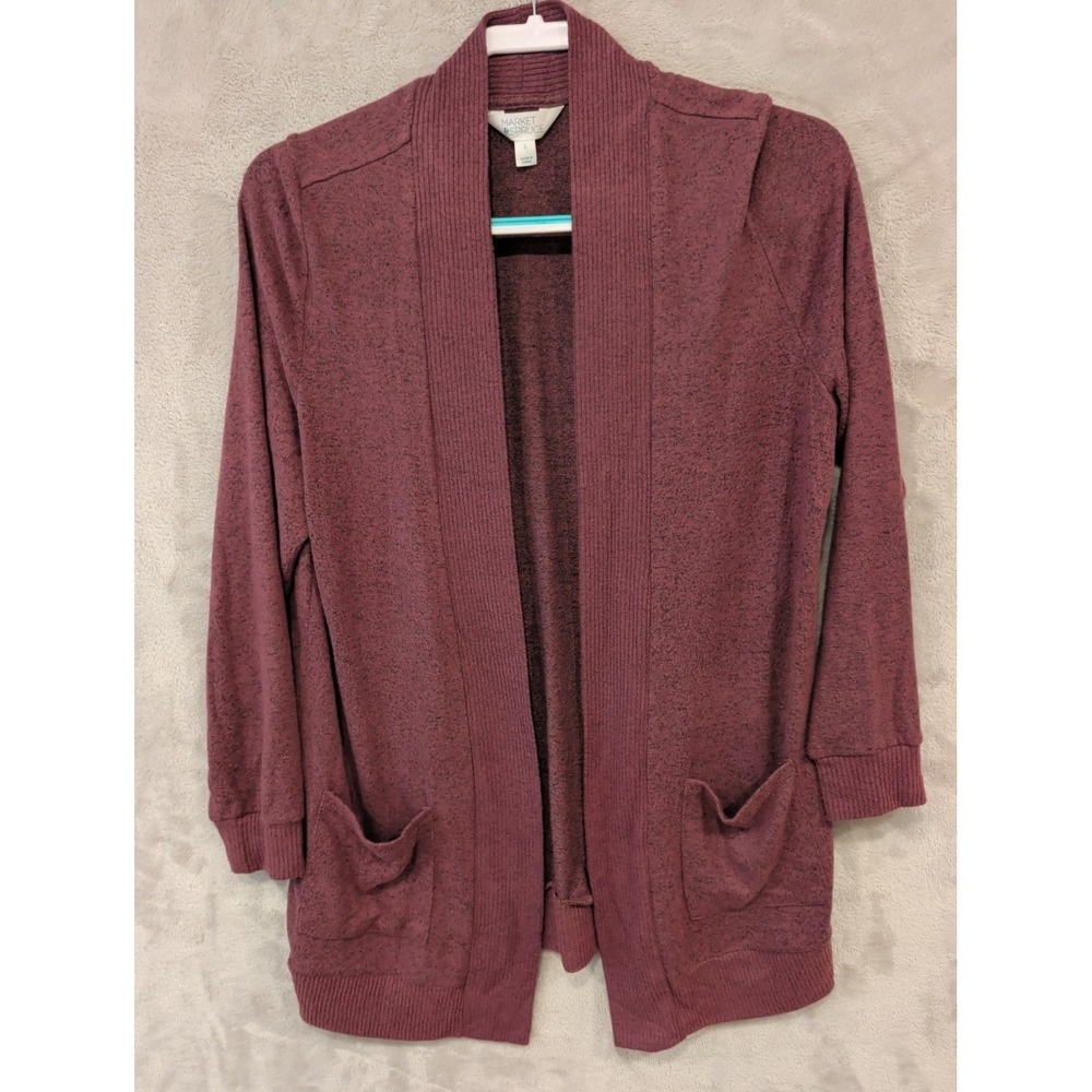 Market & Spruce‎ Cardigan Womens L Mauve Open Front Knit Pockets Cozy